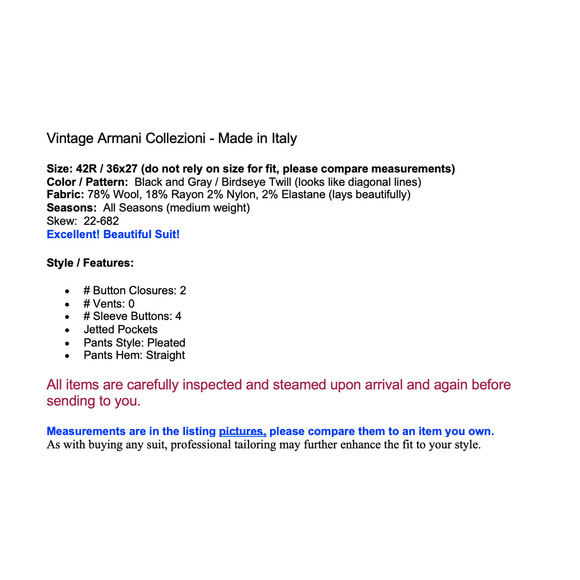 Vtg Armani Collezioni 42R 36x27 Black Gray Micro Birdseye Twill Designer Suit - Picture 3 of 16
